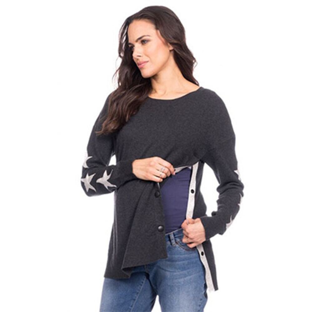 Seraphine Sz M Maternity Charcoal Black Star Print Side Snap Nursing Sweater